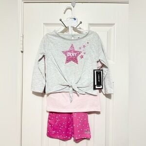 3pc DKNY star print short & long sleeve shie shirt w/pink flare leggings/Sz: 24M